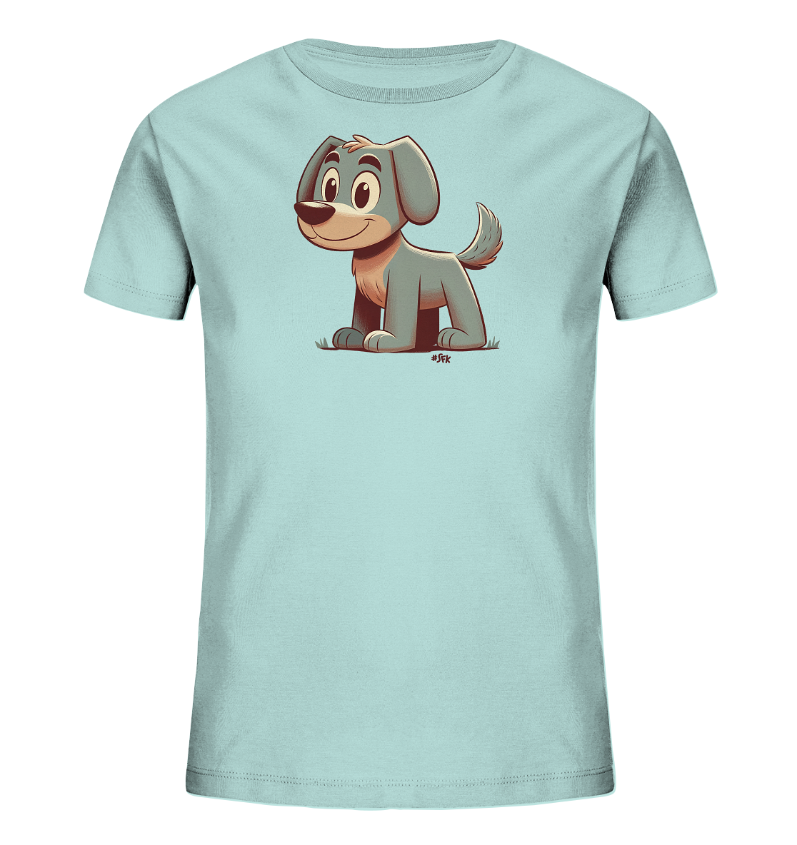 Onlineshop Shirts fuer Kinder - Das Bild zeigt ein hellblaues Kinder T-Shirt mit einem Cartoon-Motiv eines Hundes auf der Vorderseite. Der Hund hat graublaues Fell, braune Details an Ohren und Schnauze sowie grosse, freundliche Augen. Er sitzt laechelnd auf einer kleinen gruenen Flaeche, die Gras darstellt. Die Illustration ist in einem einfachen, freundlichen Stil gehalten.