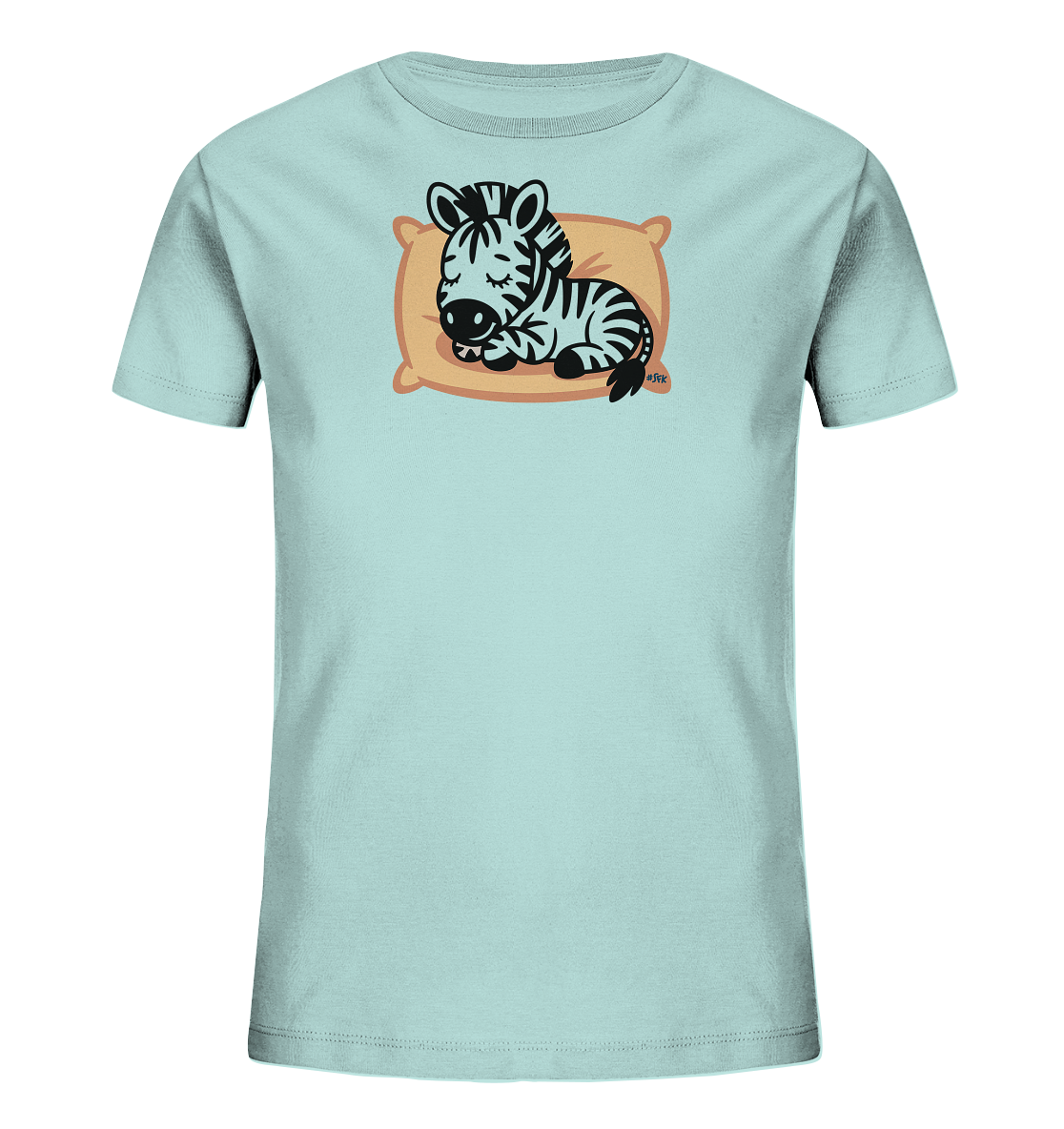 Onlineshop Shirts fuer Kinder - Das Bild zeigt ein hellblaues Kinder-T-Shirt mit einem niedlichen Motiv. Ein kleines, schwarz-weiss gestreiftes Zebra schlaeft friedlich auf einem orangefarbenen Kissen. Die Augen des Zebras sind geschlossen, was einen ruhigen und entspannten Ausdruck verleiht. Das gesamte Design wirkt verspielt und kindgerecht.