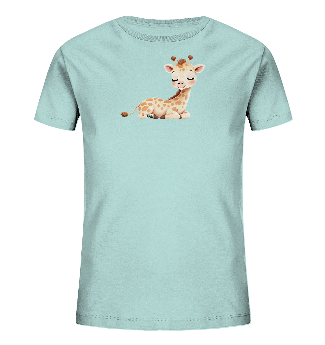 Onlineshop Shirts fuer Kinder - Das Bild zeigt ein hellblaues Kinder-T-Shirt. Auf der Vorderseite ist eine liegende, cartoonhafte Babygiraffe abgebildet. Die Giraffe hat geschlossene Augen, laechelt und ist mit braunen Flecken versehen. Das Motiv wirkt sehr niedlich und verleiht dem Shirt einen verspielten Charakter.