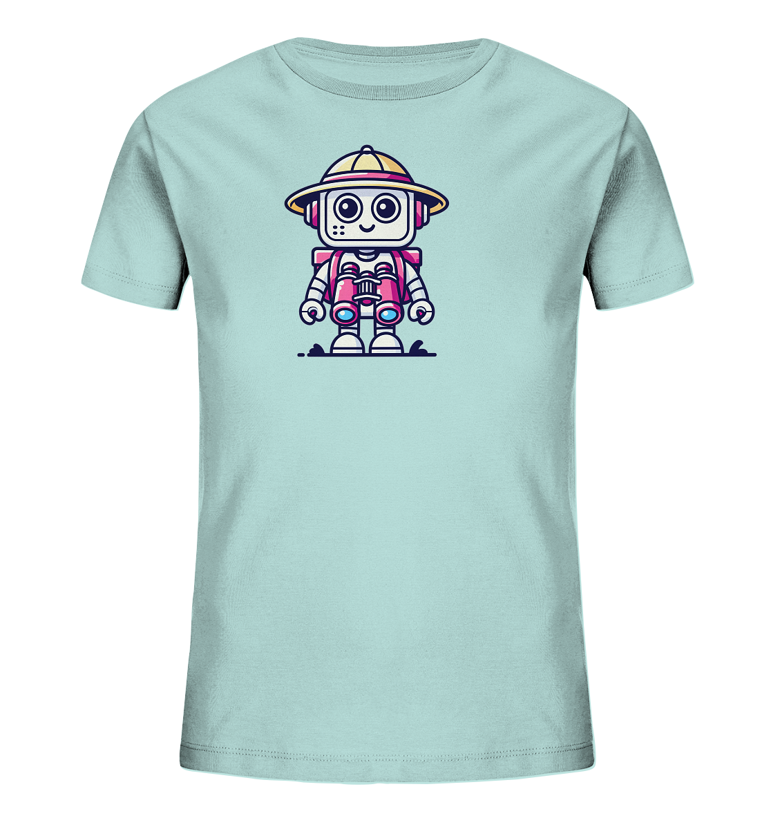 Onlineshop Shirts für Kinder - Das Bild zeigt ein hellblaues T-Shirt für Kinder, auf dessen Vorderseite ein freundlicher Cartoon-Roboter gedruckt ist. Der Roboter trägt einen gelben Safari-Hut mit rotem Band und hat große, neugierige Augen sowie ein lächelndes Maul. Um seinen Hals hängen rote Ferngläser, die bereit zum Einsatz wirken. Das Design des Roboters ist farbenfroh und detailliert, was dem Shirt einen verspielten und abenteuerlustigen Charakter verleiht, ideal für kleine Entdecker.