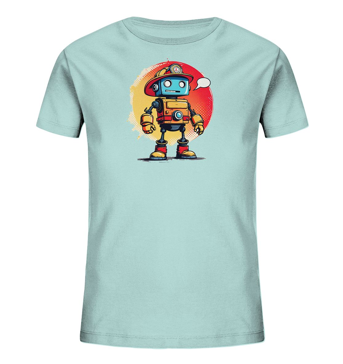 Onlineshop Shirts für Kinder - Das Bild zeigt ein hellblaues T-Shirt für Kinder mit einem farbenfrohen Aufdruck auf der Vorderseite. Der Aufdruck stellt einen cartoonhaften Roboter dar, der einen roten Feuerwehrhelm trägt. Der Roboter ist in den Farben Blau, Orange, Rot und Gelb gehalten und hat eine kleine Sprechblase über dem Kopf. Dahinter befindet sich ein runder, farbverlaufender Hintergrund in Gelb- und Rottönen mit einer strukturierten Umrandung, was dem Design einen lebhaften Look verleiht.