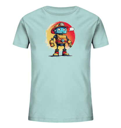 Onlineshop Shirts für Kinder - Das Bild zeigt ein hellblaues T-Shirt für Kinder mit einem farbenfrohen Aufdruck auf der Vorderseite. Der Aufdruck stellt einen cartoonhaften Roboter dar, der einen roten Feuerwehrhelm trägt. Der Roboter ist in den Farben Blau, Orange, Rot und Gelb gehalten und hat eine kleine Sprechblase über dem Kopf. Dahinter befindet sich ein runder, farbverlaufender Hintergrund in Gelb- und Rottönen mit einer strukturierten Umrandung, was dem Design einen lebhaften Look verleiht.