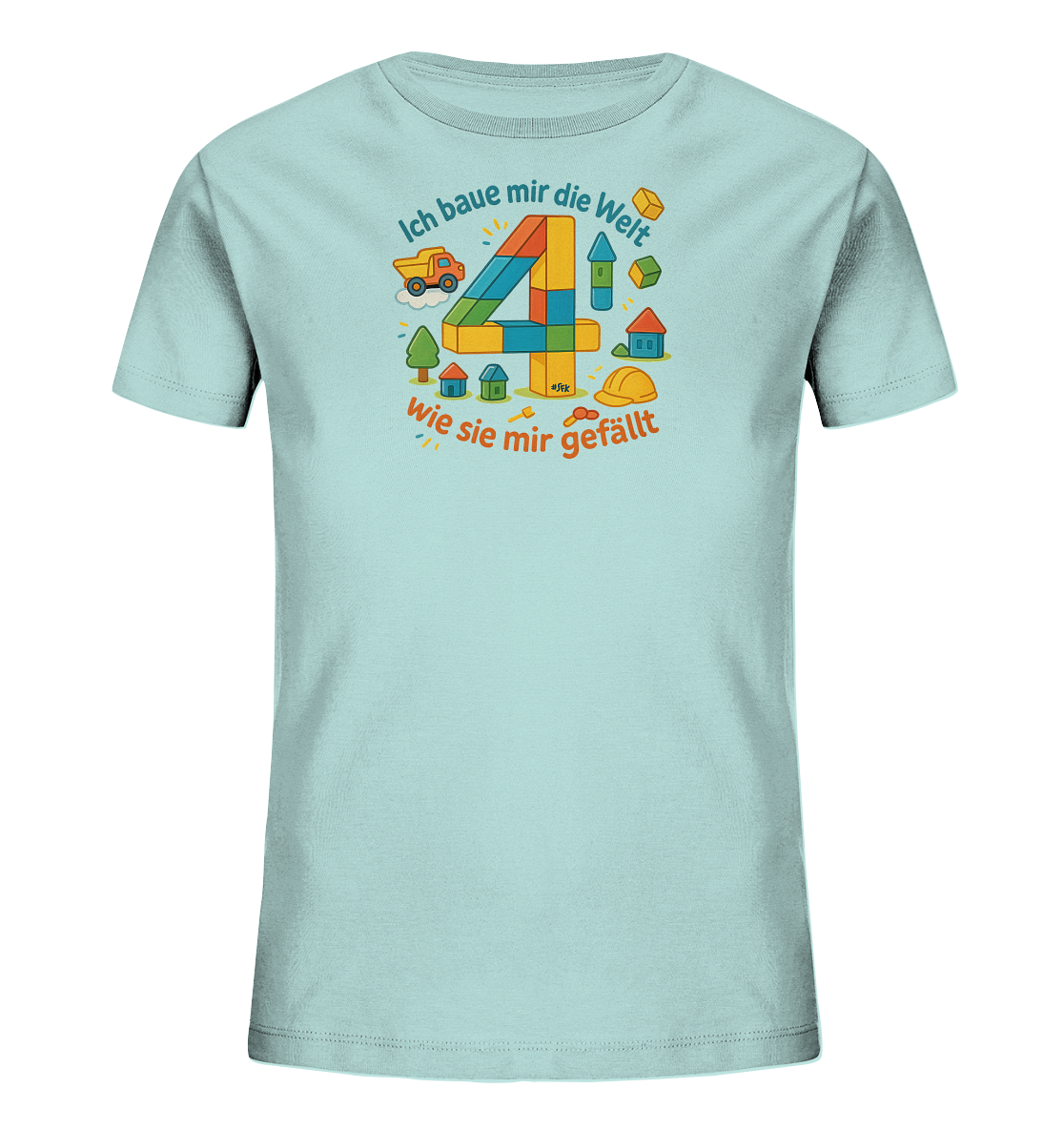 Onlineshop Shirts fuer Kinder - Das Bild zeigt ein hellblaues T-Shirt fuer Kinder mit einem bunten Aufdruck. Das Motiv zeigt eine grosse Zahl 4, die aus Baukloetzen zusammengesetzt ist. Rundherum sind kleine Haeuser, ein Baum, ein Lastwagen und ein Bauhelm abgebildet, was das Thema Bauen unterstreicht. Der Aufdruck enthaelt zudem einen Spruch ueber das Bauen der Welt.