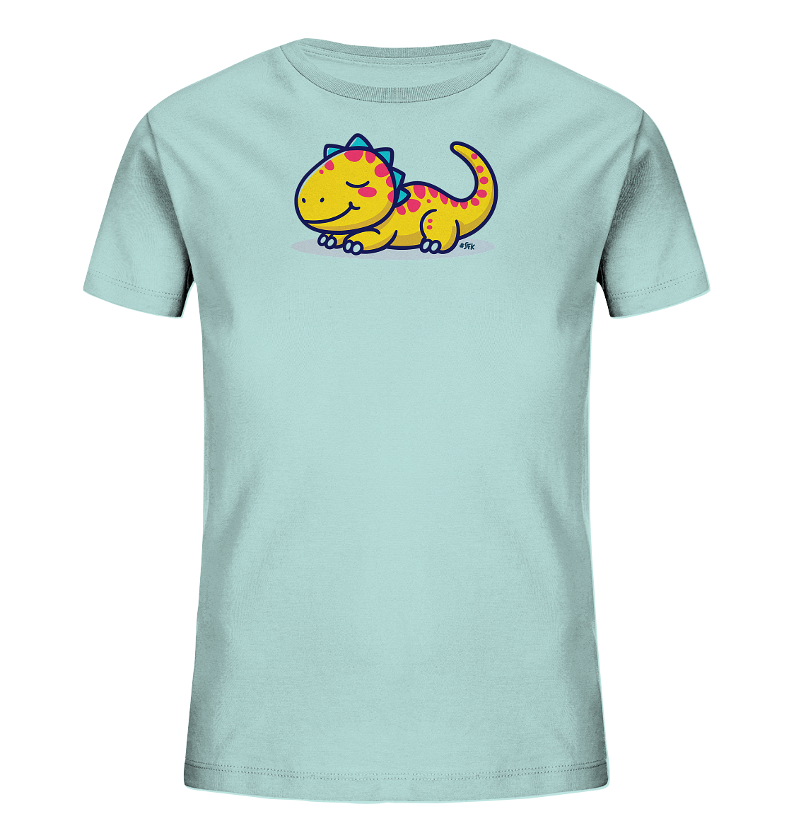 Onlineshop Shirts fuer Kinder - Das Bild zeigt ein hellblaues Kinder-T-Shirt mit einem niedlichen Cartoon-Dinosaurier auf der Vorderseite. Der Dinosaurier ist gelb mit pinkfarbenen Punkten und blauen Akzenten auf dem Ruecken und Schwanz. Er liegt entspannt da, hat die Augen geschlossen und ein sanftes Laecheln. Das verspielte Design verleiht dem Shirt einen freundlichen und ansprechenden Charakter.