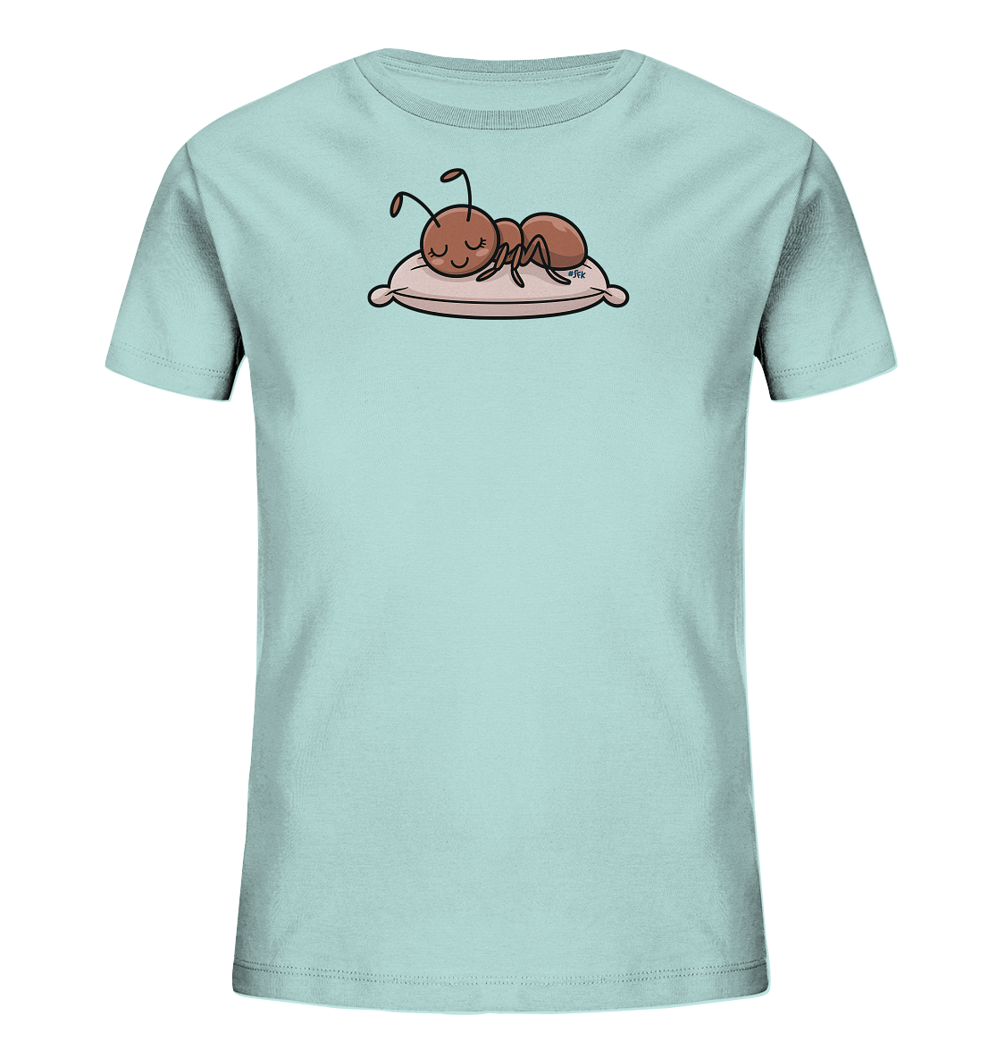 Onlineshop Shirts fuer Kinder - Das Bild zeigt ein hellblaues Kinder-T-Shirt. Auf der Vorderseite ist eine niedliche, cartoonhafte Ameise abgebildet. Die Ameise liegt entspannt auf einem kleinen rosafarbenen Kissen und hat die Augen geschlossen, was einen friedlichen Ausdruck vermittelt. Das Design wirkt verspielt und laedt zum Traeumen ein.