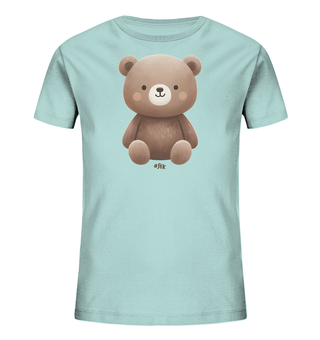 Onlineshop Shirts fuer Kinder - Das Bild zeigt ein hellblaues Kinder-T-Shirt mit einem charmanten, cartoonhaften Baerenmotiv auf der Vorderseite. Der Baer ist braun dargestellt, sitzt aufrecht und hat ein freundliches, laechelndes Gesicht mit roten Wangen. Die Illustration ist detailreich und hat eine weiche Textur, die dem Baeren ein kuscheliges Aussehen verleiht. Das schlichte und ansprechende Design eignet sich gut fuer Kinder.