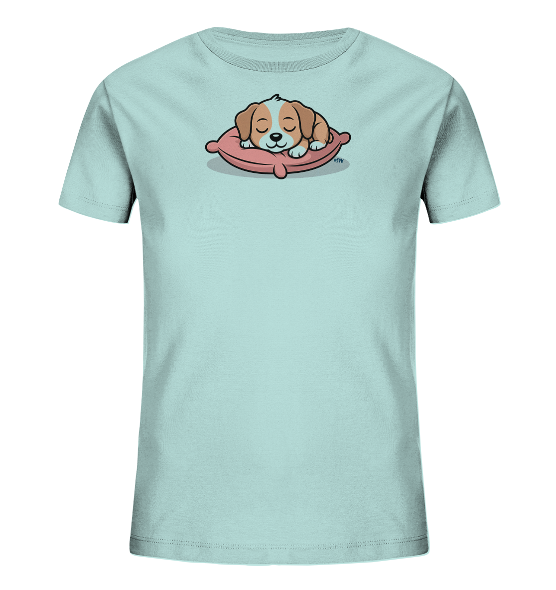 Onlineshop Shirts fuer Kinder - Das Bild zeigt ein hellblaues Kinder-T-Shirt mit einem niedlichen Aufdruck auf der Vorderseite. Darauf ist ein schlafender Welpe in Cartoon-Optik zu sehen, der gemuetlich auf einem rosafarbenen Kissen liegt. Der Welpe hat braun-weisses Fell und geschlossene Augen, was einen friedlichen Ausdruck vermittelt. Das gesamte Design wirkt verspielt und kindgerecht.