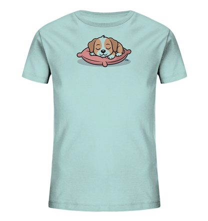 Onlineshop Shirts fuer Kinder - Das Bild zeigt ein hellblaues Kinder-T-Shirt mit einem niedlichen Aufdruck auf der Vorderseite. Darauf ist ein schlafender Welpe in Cartoon-Optik zu sehen, der gemuetlich auf einem rosafarbenen Kissen liegt. Der Welpe hat braun-weisses Fell und geschlossene Augen, was einen friedlichen Ausdruck vermittelt. Das gesamte Design wirkt verspielt und kindgerecht.