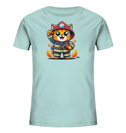 Kinder T-Shirt mit eine winkende Cartoon-Katze als Feuerwehrfigur mit Helm und Uniform