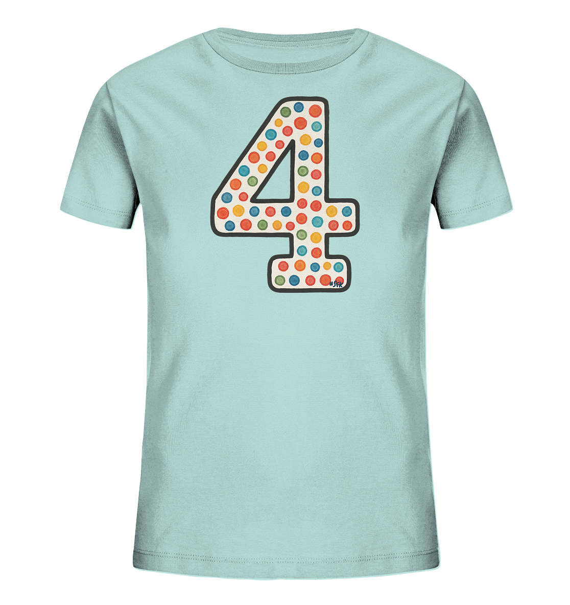 Onlineshop Shirts fuer Kinder - Das Bild zeigt ein hellblaues T-Shirt fuer Kinder mit einer grossen, grafischen Darstellung der Zahl 4 auf der Vorderseite. Die Ziffer ist mit einer schwarzen Kontur versehen und mit einem verspielten Muster aus bunten Punkten gefuellt. Die Punkte sind in verschiedenen Farben wie Rot, Gelb, Gruen und Blau auf einem hellen Hintergrund angeordnet. Dieses Design verleiht dem T-Shirt einen lebhaften und froehlichen Look.