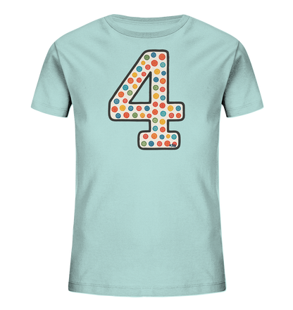 Kinder T-Shirt mit großer Zahl 4, bunten Punkten und dunkler Umrandung