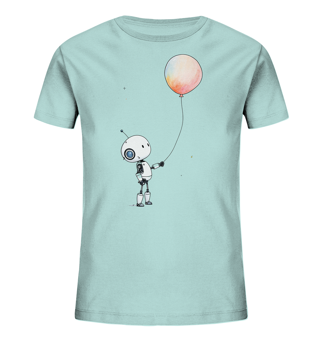 Onlineshop Shirts für Kinder - Das Bild zeigt ein hellblaues Kinder-T-Shirt mit einem zentralen Aufdruck auf der Vorderseite. Der Aufdruck stellt einen kleinen, weißen Roboter in einem cartoonhaften Stil dar, der aufrecht steht. Der Roboter hält die Schnur eines runden Ballons, der in warmen Farbtönen wie Orange, Rosa und Gelb gehalten ist und einen aquarellartigen Effekt zeigt. Das Design ist liebevoll gezeichnet und wirkt verspielt, passend für ein Kinderkleidungsstück.