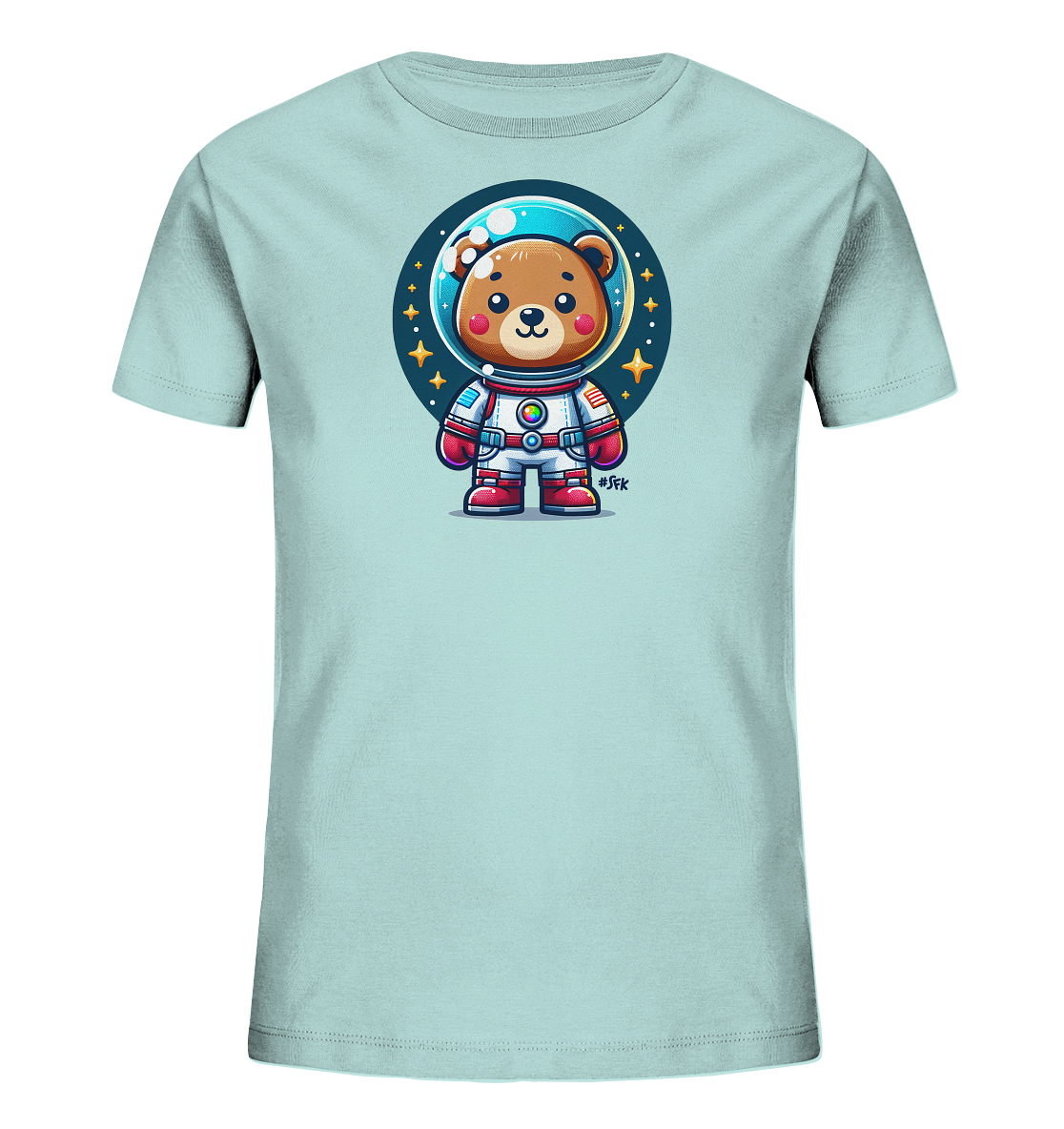 Onlineshop Shirts fuer Kinder - Das Bild zeigt ein hellblaues Kinder T-Shirt mit einem niedlichen Druck auf der Vorderseite. Der Aufdruck zeigt einen cartoonartigen Baeren in einem detaillierten Raumanzug. Der Baer steht vor einem runden Hintergrund, der den dunklen Weltraum mit glitzernden Sternen darstellt. Dieses Design verleiht dem T-Shirt einen verspielten und abenteuerlichen Look, perfekt fuer kleine Astronauten.