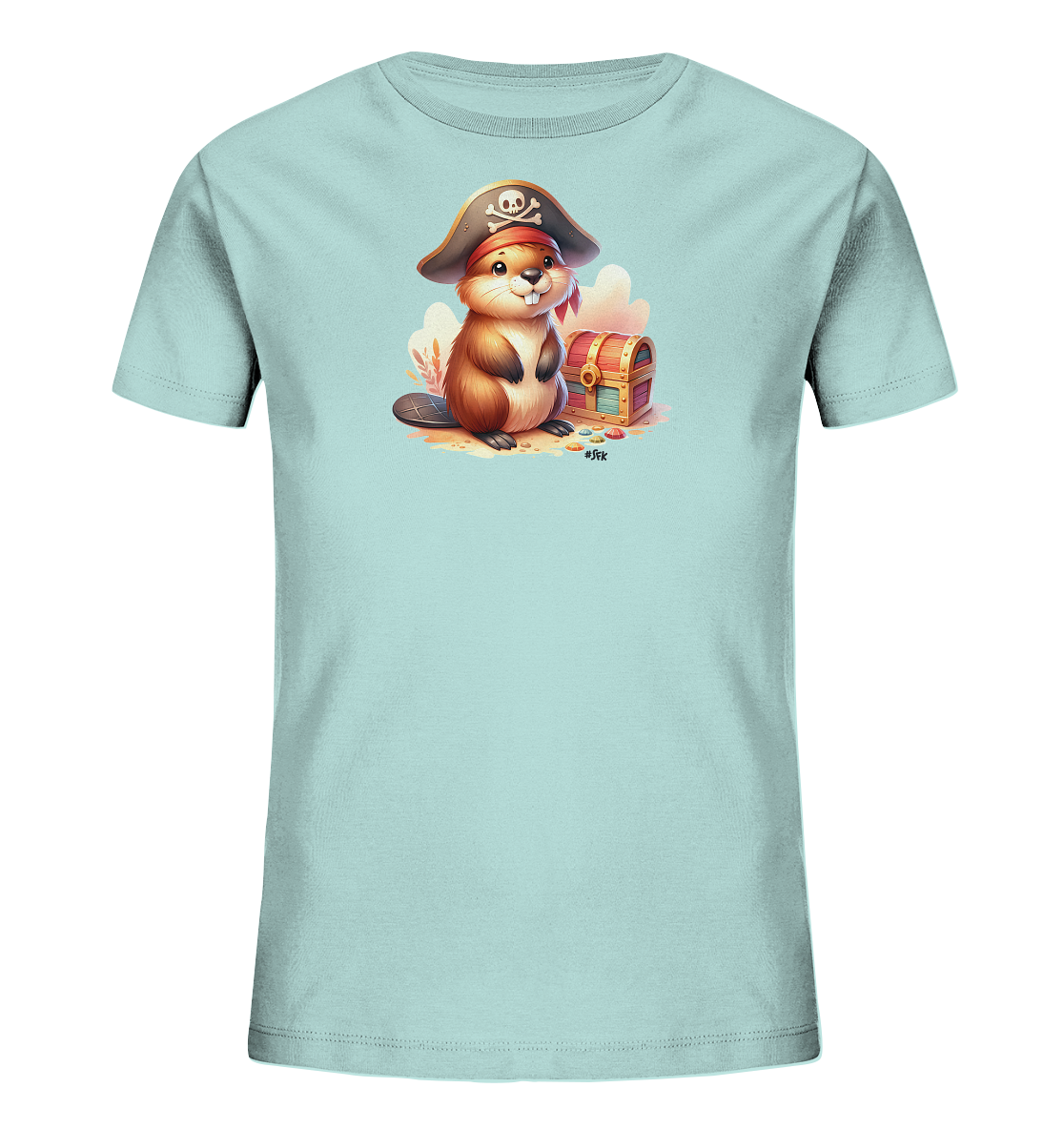 Onlineshop Shirts fuer Kinder - Das hellblaue Kinder-T-Shirt ist mit einer niedlichen Illustration verziert. Ein freundlicher Cartoon-Biber traegt einen Piratenhut und sitzt neben einer kleinen, offenen Schatztruhe. Bunte Steine liegen auf dem Sandboden um die Truhe herum. Die Szene hat einen fantasievollen Hintergrund mit hellen Formen, was dem Shirt ein froehliches Aussehen gibt.