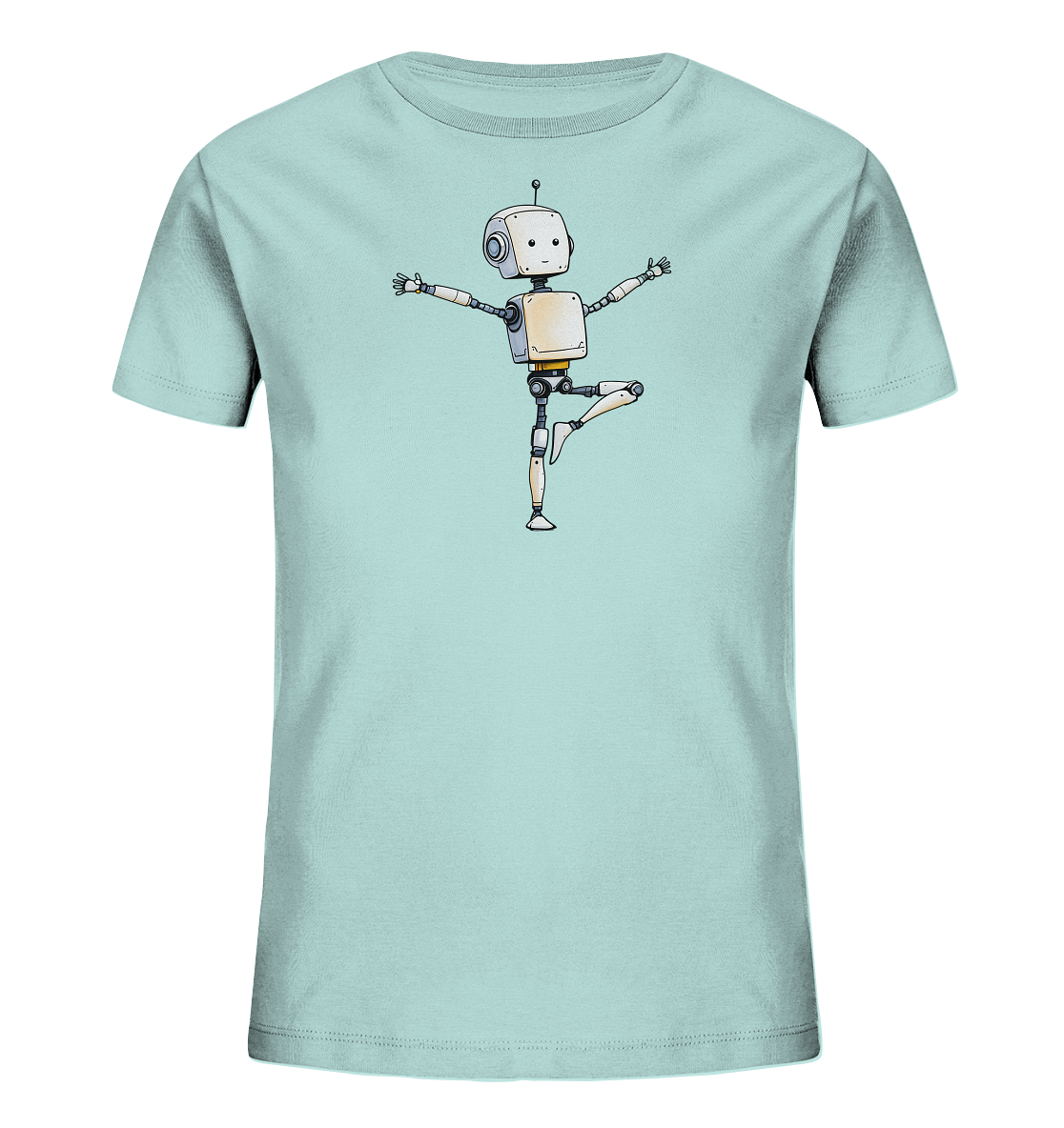 Onlineshop Shirts für Kinder - Das Bild präsentiert ein hellblaues Kinder T-Shirt, das mit einer Illustration eines Roboters bedruckt ist. Der Roboter ist in einfachen, freundlichen Linien gezeichnet und zeigt sich in einer ausbalancierten Pose auf einem Bein mit ausgestreckten Armen. Seine Farbgebung umfasst Weiß-, Grau- und Gelbtöne, mit einem schlichten Gesichtsausdruck und einer Antenne. Dieses Design verleiht dem Shirt eine verspielte und freundliche Note, die für Kinder ansprechend ist.
