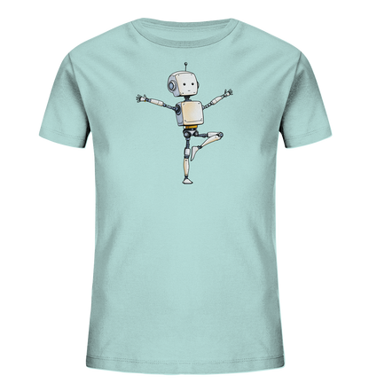 Onlineshop Shirts für Kinder - Das Bild präsentiert ein hellblaues Kinder T-Shirt, das mit einer Illustration eines Roboters bedruckt ist. Der Roboter ist in einfachen, freundlichen Linien gezeichnet und zeigt sich in einer ausbalancierten Pose auf einem Bein mit ausgestreckten Armen. Seine Farbgebung umfasst Weiß-, Grau- und Gelbtöne, mit einem schlichten Gesichtsausdruck und einer Antenne. Dieses Design verleiht dem Shirt eine verspielte und freundliche Note, die für Kinder ansprechend ist.