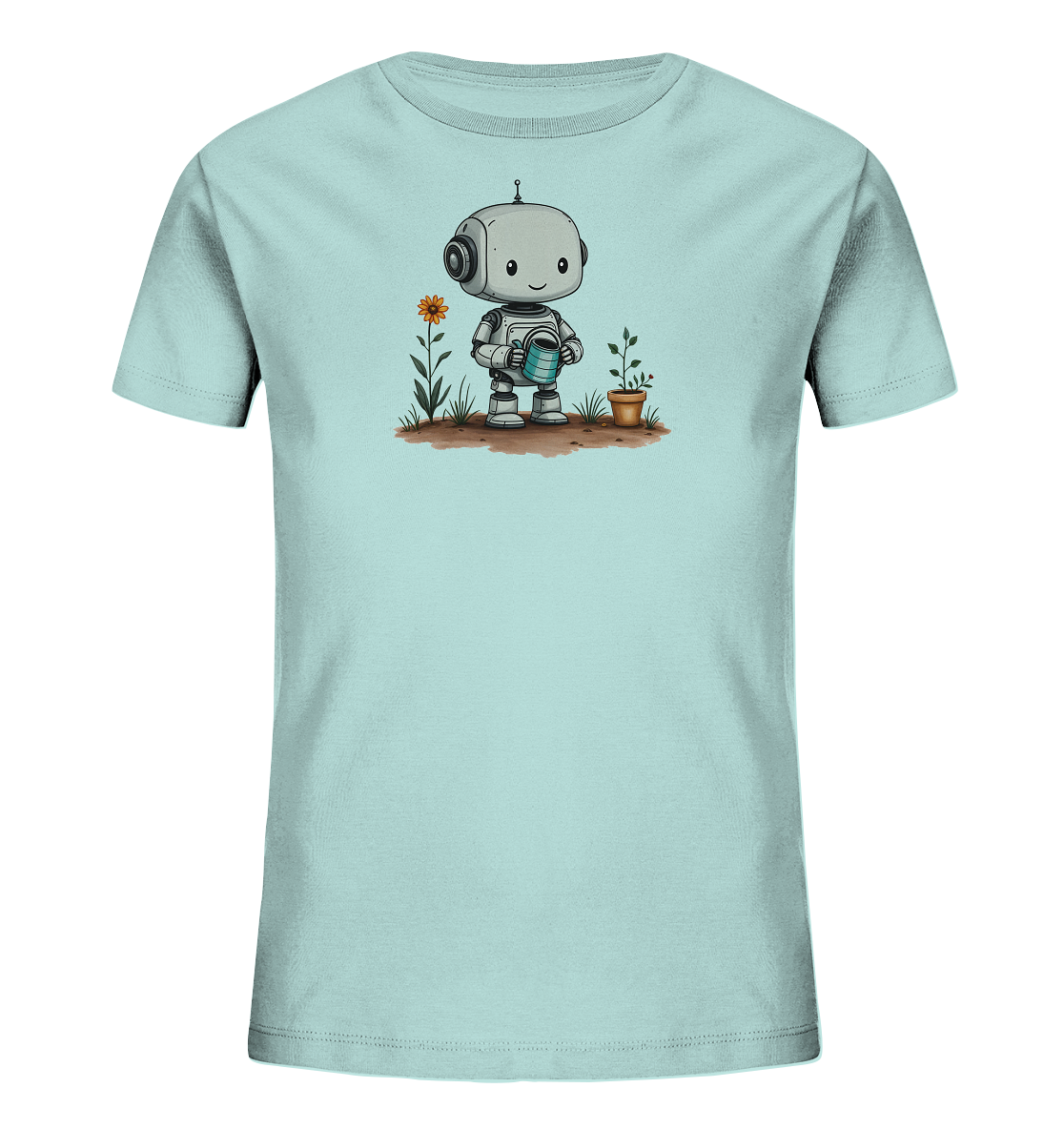 Onlineshop Shirts für Kinder - Das Bild zeigt ein hellblaues T-Shirt mit einem freundlichen, cartoonartigen Roboter-Motiv auf der Vorderseite. Der kleine Roboter hält eine blaue Gießkanne in den Händen und scheint gerade eine kleine Pflanze in einem Terrakottatopf zu gießen. Neben der Pflanze wächst eine einzelne Blume mit orangefarbenen Blütenblättern und grünen Stängeln und Blättern aus dem Boden. Das Design ist verspielt und thematisiert das Gärtnern auf eine kindgerechte Weise.