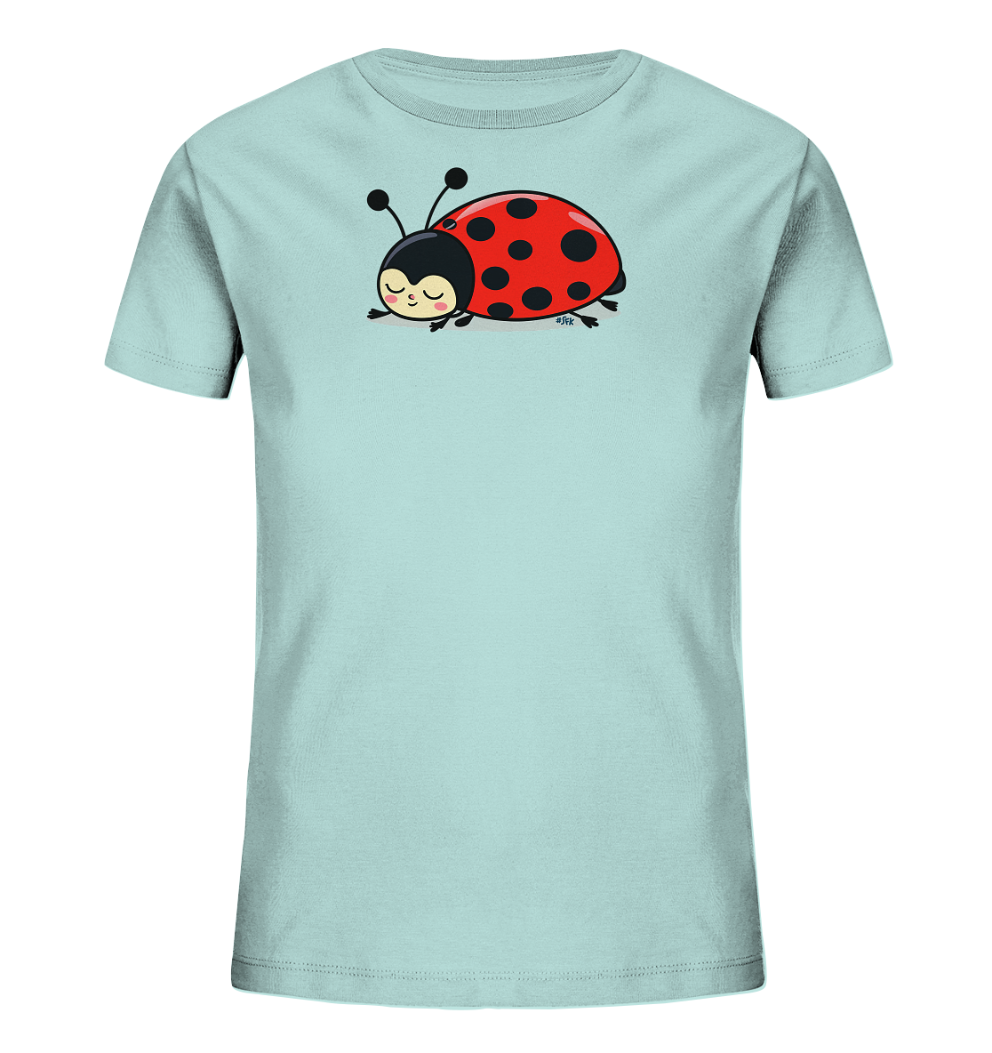 Onlineshop Shirts fuer Kinder - Das Bild zeigt ein hellblaues Kinder-T-Shirt mit einem niedlichen Marienkaefermotiv auf der Vorderseite. Der Marienkaefer ist rot mit schwarzen Punkten und hat einen schwarzen Kopf und Fuehler. Seine Augen sind geschlossen, was einen schlafenden oder friedlichen Ausdruck vermittelt. Das verspielte Design ist ansprechend fuer ein Kinderoutfit.