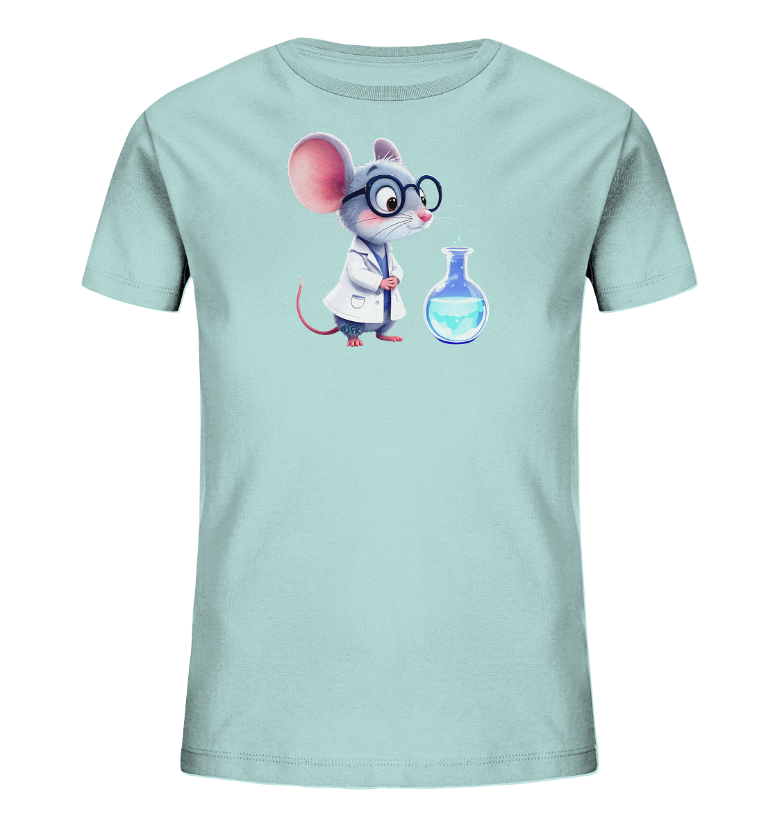 Onlineshop Shirts fuer Kinder - Das Bild zeigt ein hellblaues Kinder-T-Shirt mit einem detaillierten Motiv einer Maus. Die Maus ist als Wissenschaftler mit weissem Laborkittel und Brille dargestellt und blickt auf einen blauen Glaskolben. Dieses Design verleiht dem Shirt einen lehrreichen und gleichzeitig verspielten Charakter, ideal fuer kleine Entdecker.
