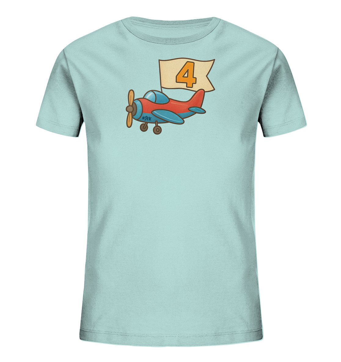Onlineshop Shirts fuer Kinder - Das Bild zeigt ein hellblaues T-Shirt fuer Kinder. Auf der Vorderseite ist eine Illustration eines kleinen Flugzeugs in Rot und Blau zu sehen. Das Flugzeug zieht ein beige-farbenes Banner mit der orangen Zahl '4' darauf. Das Design ist farbenfroh und verspielt.