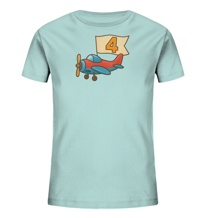 Kinder T-Shirt mit rotem und blauem Flugzeug, Banner und Zahl 4