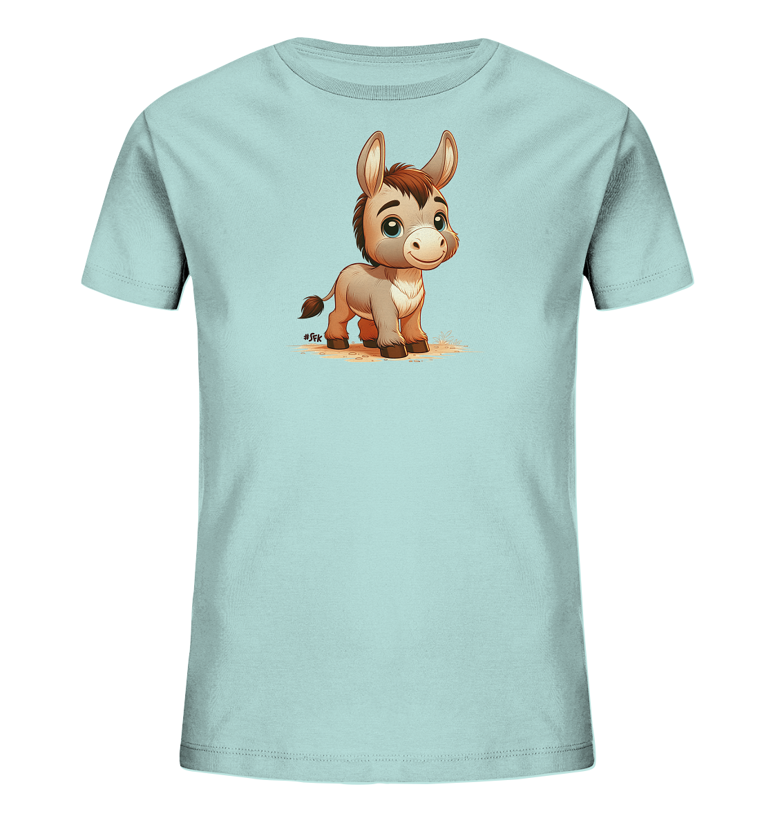 Onlineshop Shirts fuer Kinder - Dieses hellblaue T-Shirt fuer Kinder ist mit einer charmanten Comic-Illustration eines kleinen Esels bedruckt. Der Esel steht in der Mitte des Shirts, hat grosse Kulleraugen und ein freundliches Gesicht. Die Illustration ist detailliert und farbenfroh gestaltet. Das Motiv verleiht dem Shirt einen suessen und verspielten Charakter.