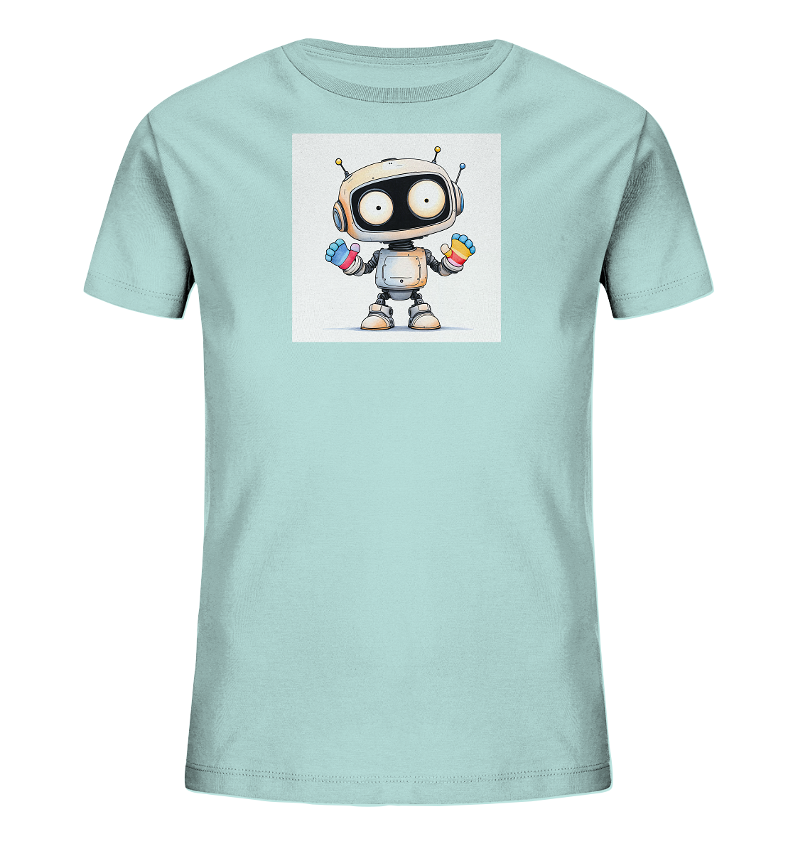 Onlineshop Shirts für Kinder - Das Bild zeigt ein hellblaues Kinder-T-Shirt mit einem farbenfrohen Robotermotiv auf der Vorderseite. Der freundliche Cartoon-Roboter hat große, runde Augen, Antennen und mehrfarbige Finger in Rot, Blau und Gelb. Das Design ist zentral auf dem Shirt platziert und in einem kindgerechten Stil gehalten. Dieses T-Shirt ist ein ansprechendes Kleidungsstück für Jungen und Mädchen, das durch sein verspieltes Motiv besticht.