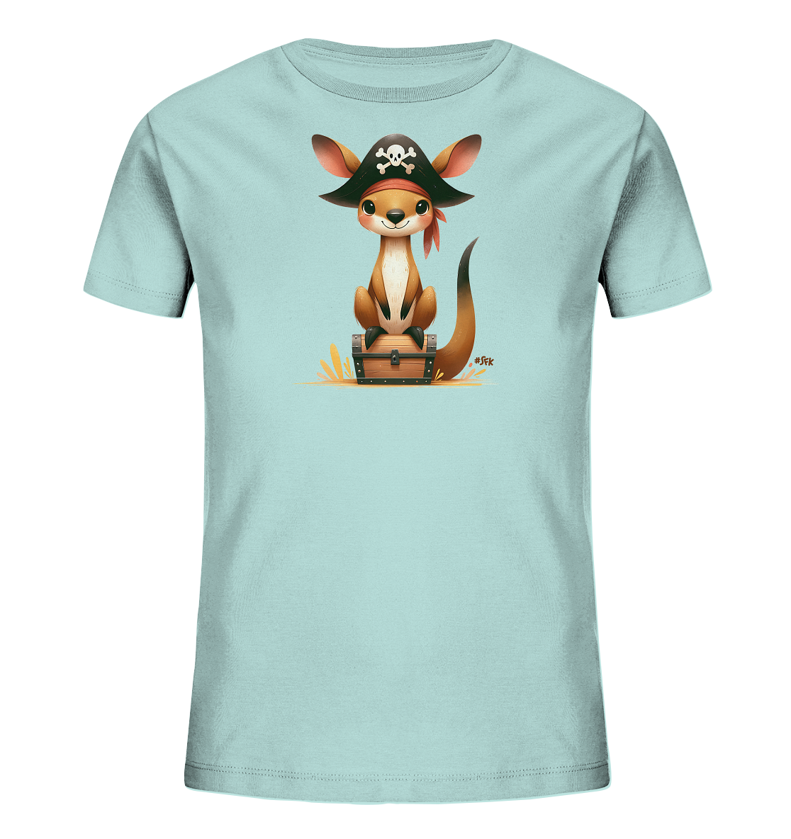 Onlineshop Shirts fuer Kinder - Das Bild zeigt ein hellblaues Kinder-T-Shirt mit einer niedlichen Illustration eines Kaengurus. Das Kaenguru ist als Pirat dargestellt, traegt einen Hut mit Totenkopfmotiv und sitzt auf einer Schatzkiste. Die detailreiche Grafik ist farbenfroh und verleiht dem Shirt einen verspielten Look.