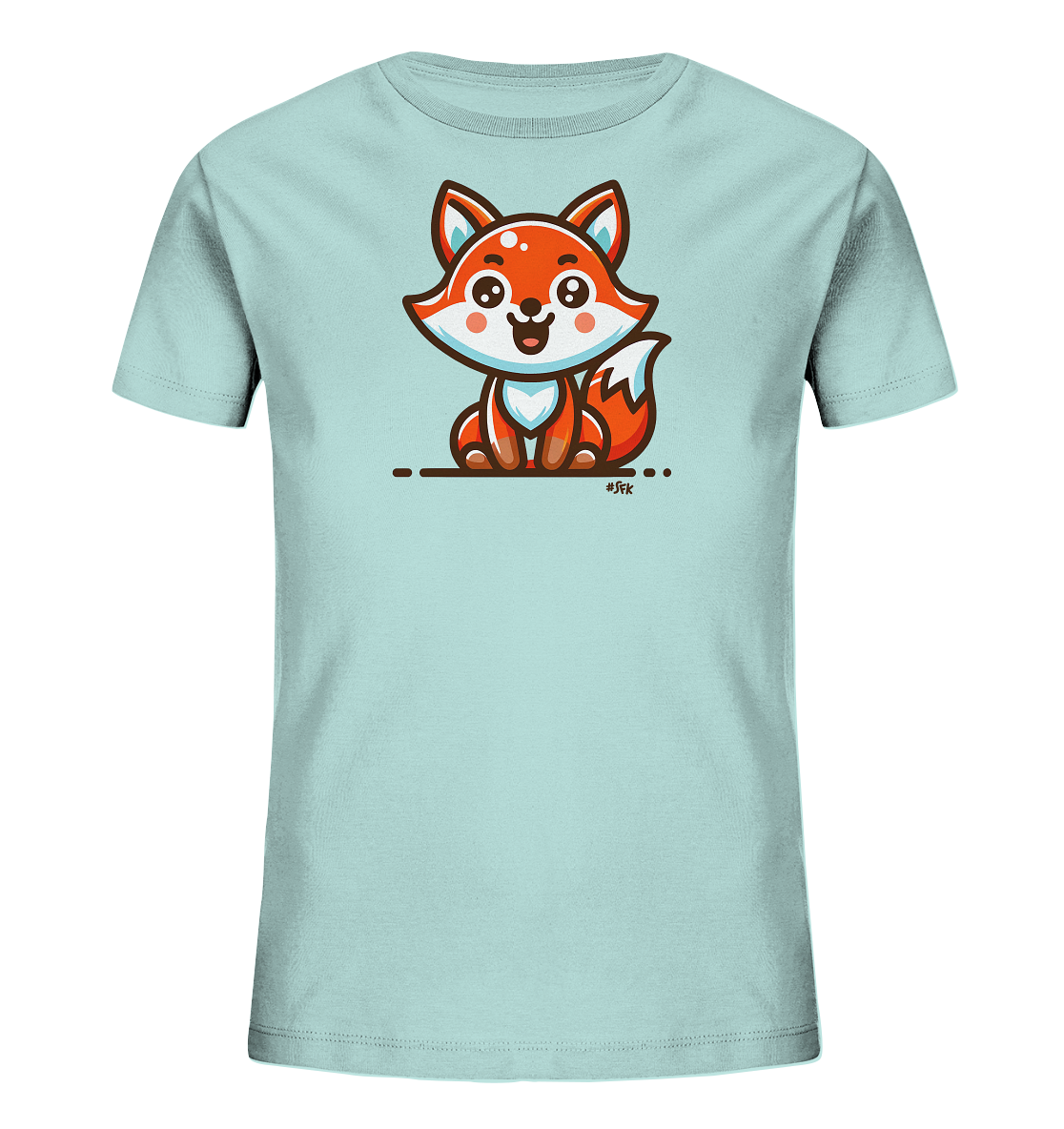 Onlineshop Shirts fuer Kinder - Dieses Bild zeigt ein hellblaues T-Shirt fuer Kinder. Auf der Vorderseite ist eine detailreiche Illustration eines suessen Cartoon-Fuchses zu sehen. Der Fuchs sitzt aufrecht, hat orange-weisses Fell und ein breites Laecheln. Das Design ist verspielt und farbenfroh gestaltet.