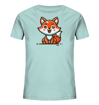Onlineshop Shirts fuer Kinder - Dieses Bild zeigt ein hellblaues T-Shirt fuer Kinder. Auf der Vorderseite ist eine detailreiche Illustration eines suessen Cartoon-Fuchses zu sehen. Der Fuchs sitzt aufrecht, hat orange-weisses Fell und ein breites Laecheln. Das Design ist verspielt und farbenfroh gestaltet.