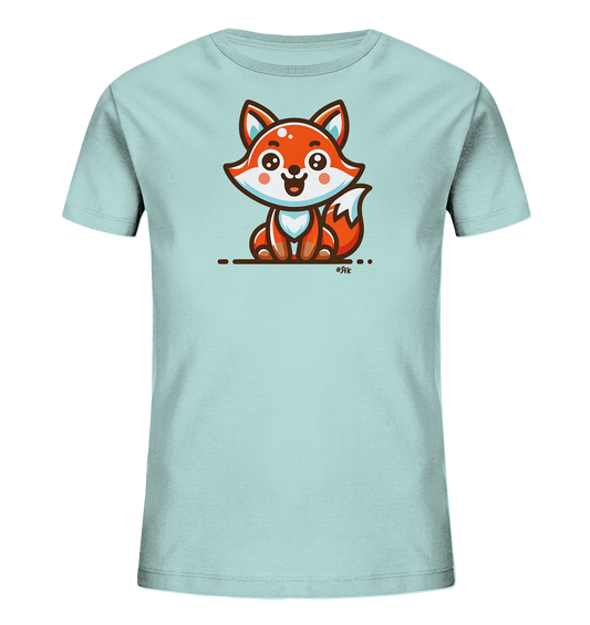 Onlineshop Shirts fuer Kinder - Dieses Bild zeigt ein hellblaues T-Shirt fuer Kinder. Auf der Vorderseite ist eine detailreiche Illustration eines suessen Cartoon-Fuchses zu sehen. Der Fuchs sitzt aufrecht, hat orange-weisses Fell und ein breites Laecheln. Das Design ist verspielt und farbenfroh gestaltet.