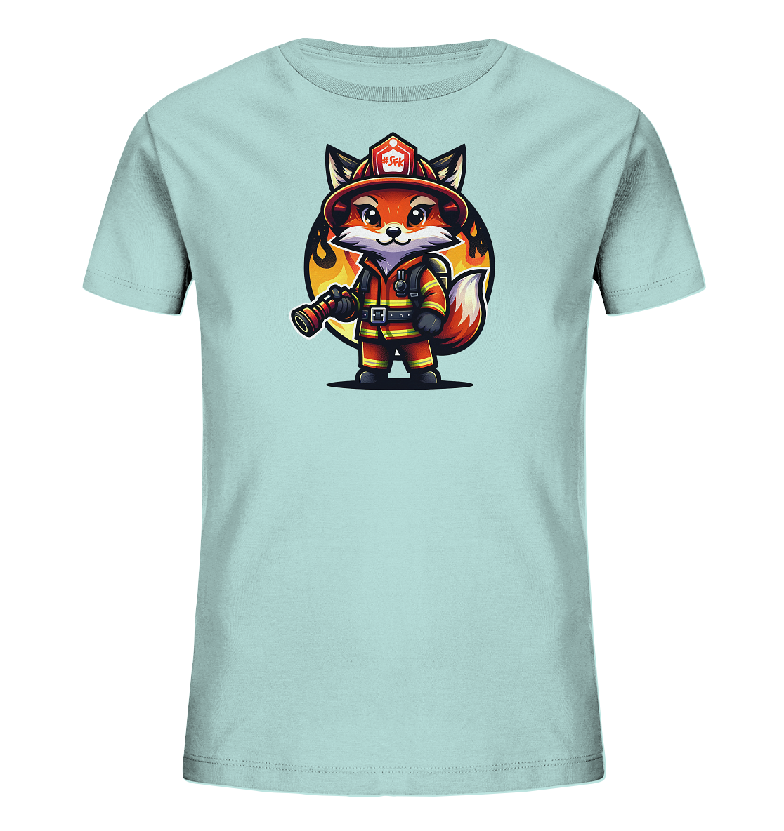 Onlineshop Shirts fuer Kinder - Das Bild zeigt ein hellblaues Kinder-T-Shirt mit einer niedlichen Cartoon-Illustration. Darauf ist ein Fuchs in voller Feuerwehrmontur abgebildet, der einen Loeschschlauch haelt. Der Fuchs steht vor einem orange-gelben Hintergrund, der Flammen darstellt. Das Design ist farbenfroh und verspielt, perfekt fuer kleine Feuerwehr-Fans.