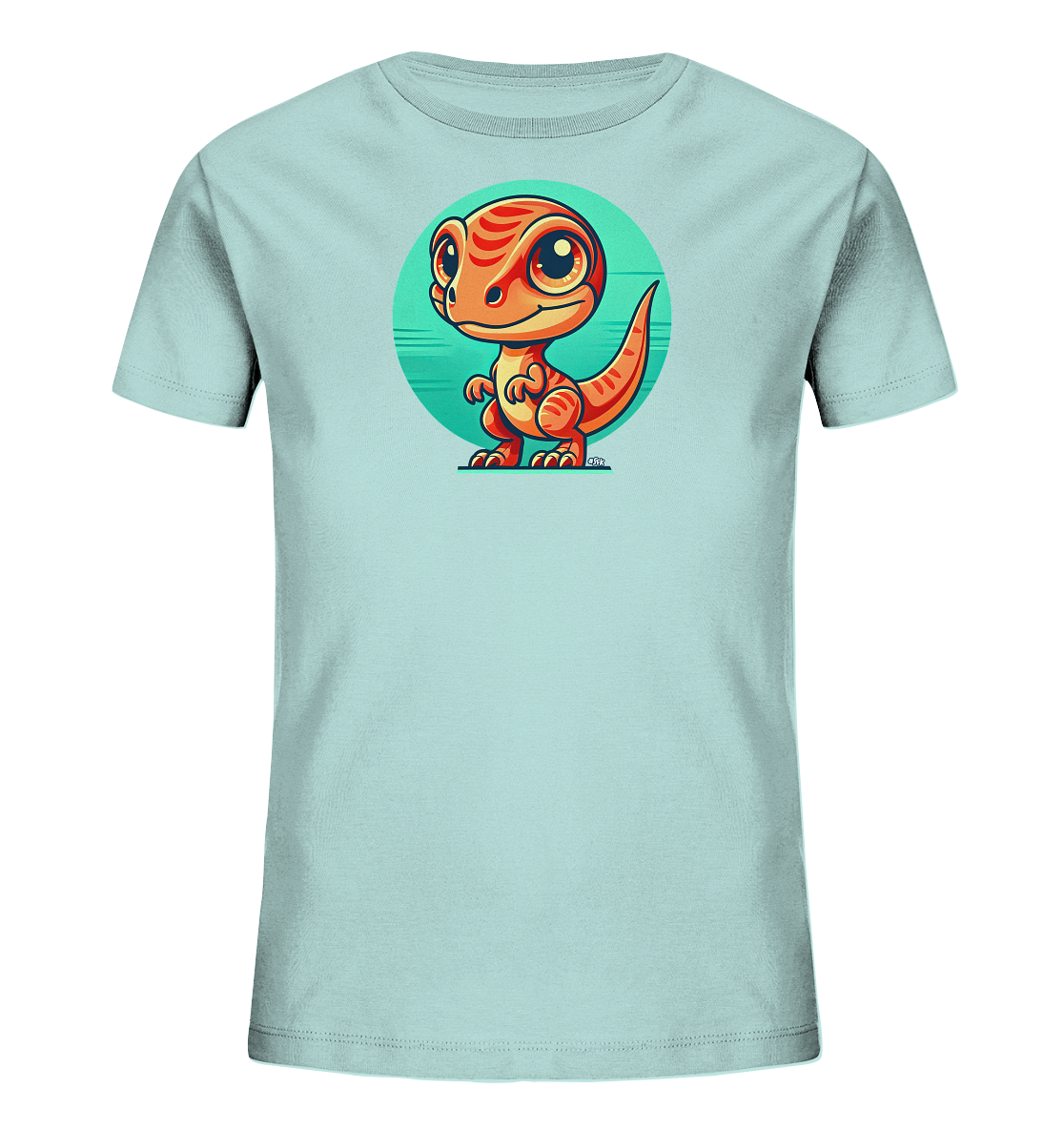 Onlineshop Shirts fuer Kinder - Das Bild zeigt ein hellblaues Kinder-T-Shirt mit einem niedlichen Aufdruck eines cartoonhaften Dinosauriers. Der kleine orangefarbene Dinosaurier hat grosse, ausdrucksstarke Augen und steht vor einem tealfarbenen Kreis mit horizontalen Linien. Das Design ist farbenfroh und freundlich gestaltet, ideal fuer Kinder. Das T-Shirt hat einen klassischen Rundhalsausschnitt.