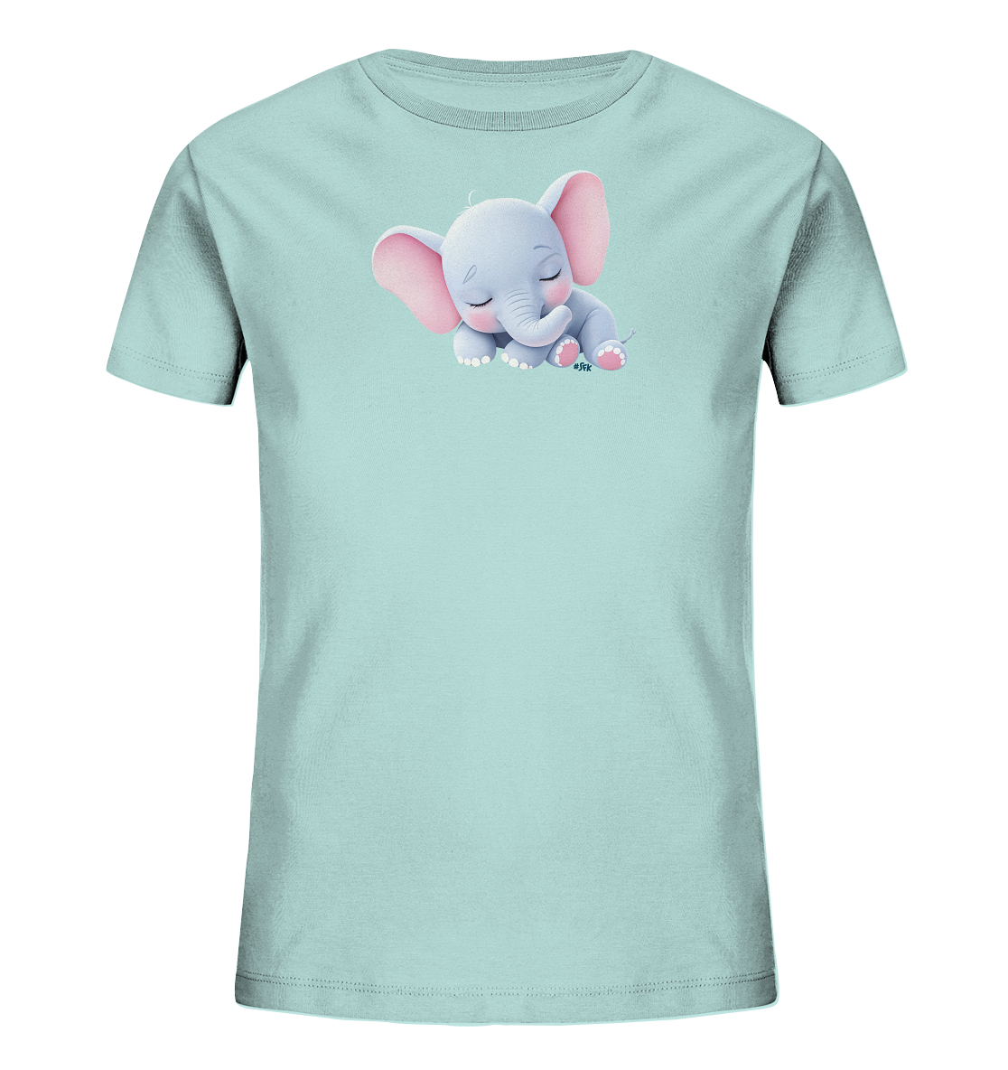 Onlineshop Shirts fuer Kinder - Das Bild zeigt ein hellblaues Kinder-T-Shirt. Auf der Vorderseite ist eine niedliche, schlafende Elefanten-Illustration zu sehen. Der Baby-Elefant hat grosse rosafarbene Ohren und geschlossene Augen, was ihm einen friedlichen Ausdruck verleiht. Das Motiv ist in sanften Farben gehalten und wirkt verspielt und zart.