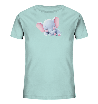 Onlineshop Shirts fuer Kinder - Das Bild zeigt ein hellblaues Kinder-T-Shirt. Auf der Vorderseite ist eine niedliche, schlafende Elefanten-Illustration zu sehen. Der Baby-Elefant hat grosse rosafarbene Ohren und geschlossene Augen, was ihm einen friedlichen Ausdruck verleiht. Das Motiv ist in sanften Farben gehalten und wirkt verspielt und zart.