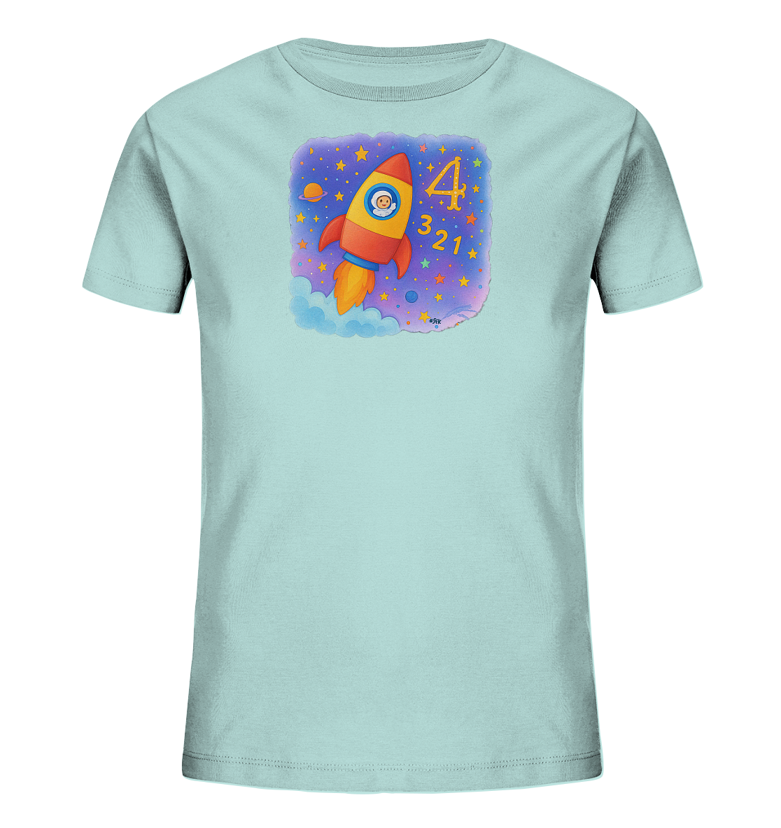 Onlineshop Shirts fuer Kinder - Das Bild zeigt ein hellblaues T-Shirt fuer Kinder mit einem farbenfrohen Weltraum-Motiv. Eine Rakete startet von Wolken in einen sternenklaren Himmel mit Planeten. Neben der Rakete sind die Zahlen 4, 3, 2, 1 als Countdown dargestellt. Das detailreiche Design ist lebendig und fantasievoll.