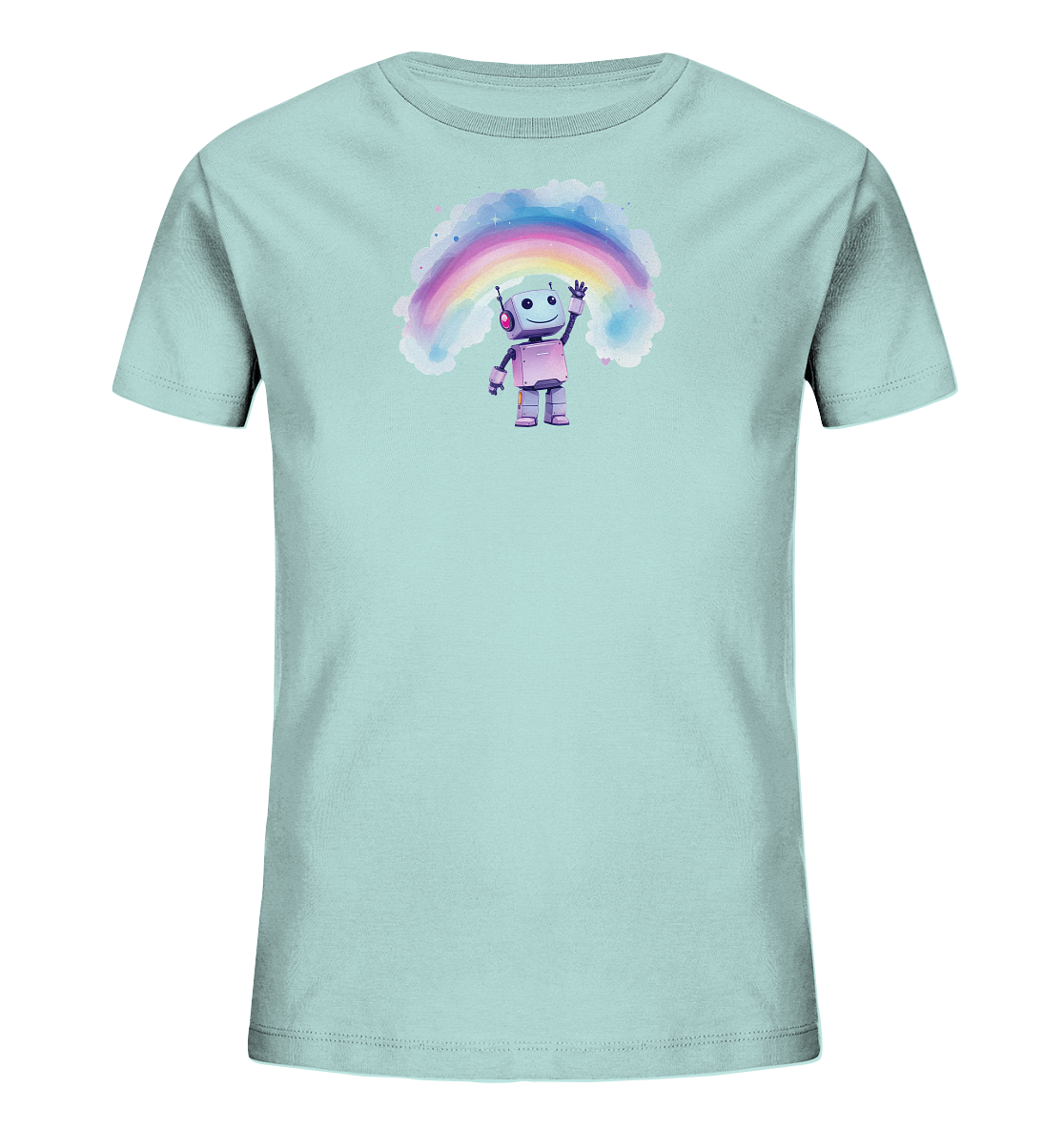 Onlineshop Shirts für Kinder - Das Bild zeigt die Vorderseite eines hellblauen Kinder-T-Shirts, das auf einem schwarzen Hintergrund präsentiert wird. Auf der Brust des Shirts ist eine farbenfrohe Illustration abgebildet. Diese zeigt einen kleinen, freundlich wirkenden Roboter in den Farben Pink und Lila, der winkt. Über dem Roboter spannt sich ein sanfter Regenbogen im Aquarell-Stil, umgeben von wolkenähnlichen Elementen.