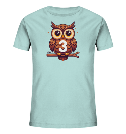 Kinder T-Shirt mit Cartoon-Eule auf Ast, großen Augen und Zahl 3