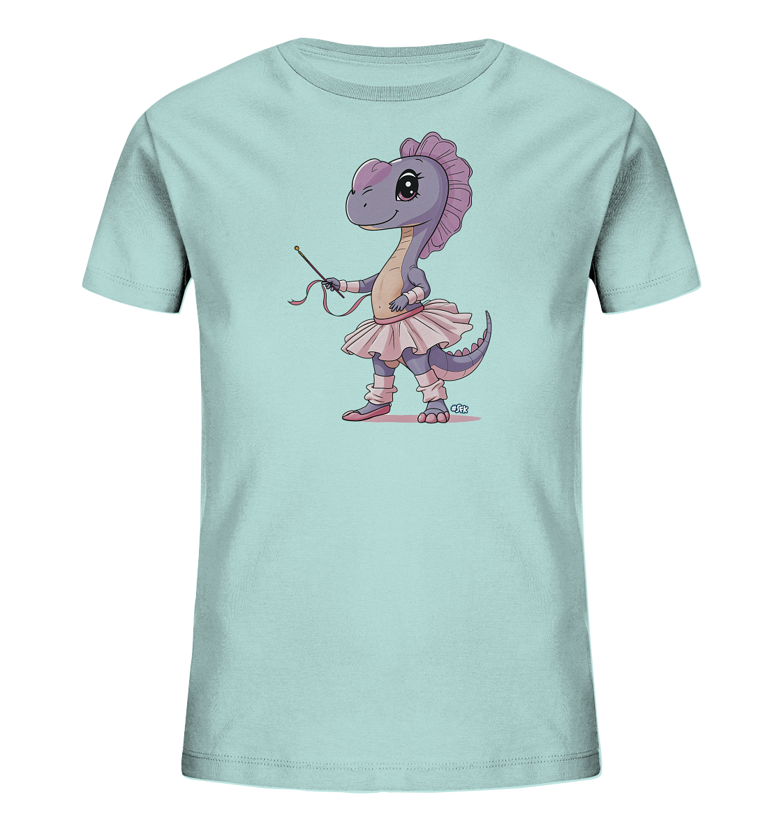 Onlineshop Shirts fuer Kinder - Das Bild zeigt ein hellblaues Kinder-T-Shirt mit einem niedlichen Druck auf der Vorderseite. Abgebildet ist ein lila Cartoon-Dinosaurier, der als Ballerina verkleidet ist. Der Dinosaurier traegt einen pinken Tuellrock, Ballettschuhe und haelt einen Stab mit Baendern in der Hand. Das Motiv wirkt verspielt und farbenfroh auf dem Shirt.