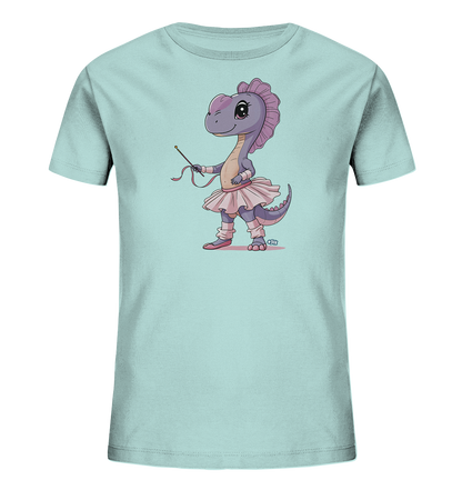 Onlineshop Shirts fuer Kinder - Das Bild zeigt ein hellblaues Kinder-T-Shirt mit einem niedlichen Druck auf der Vorderseite. Abgebildet ist ein lila Cartoon-Dinosaurier, der als Ballerina verkleidet ist. Der Dinosaurier traegt einen pinken Tuellrock, Ballettschuhe und haelt einen Stab mit Baendern in der Hand. Das Motiv wirkt verspielt und farbenfroh auf dem Shirt.