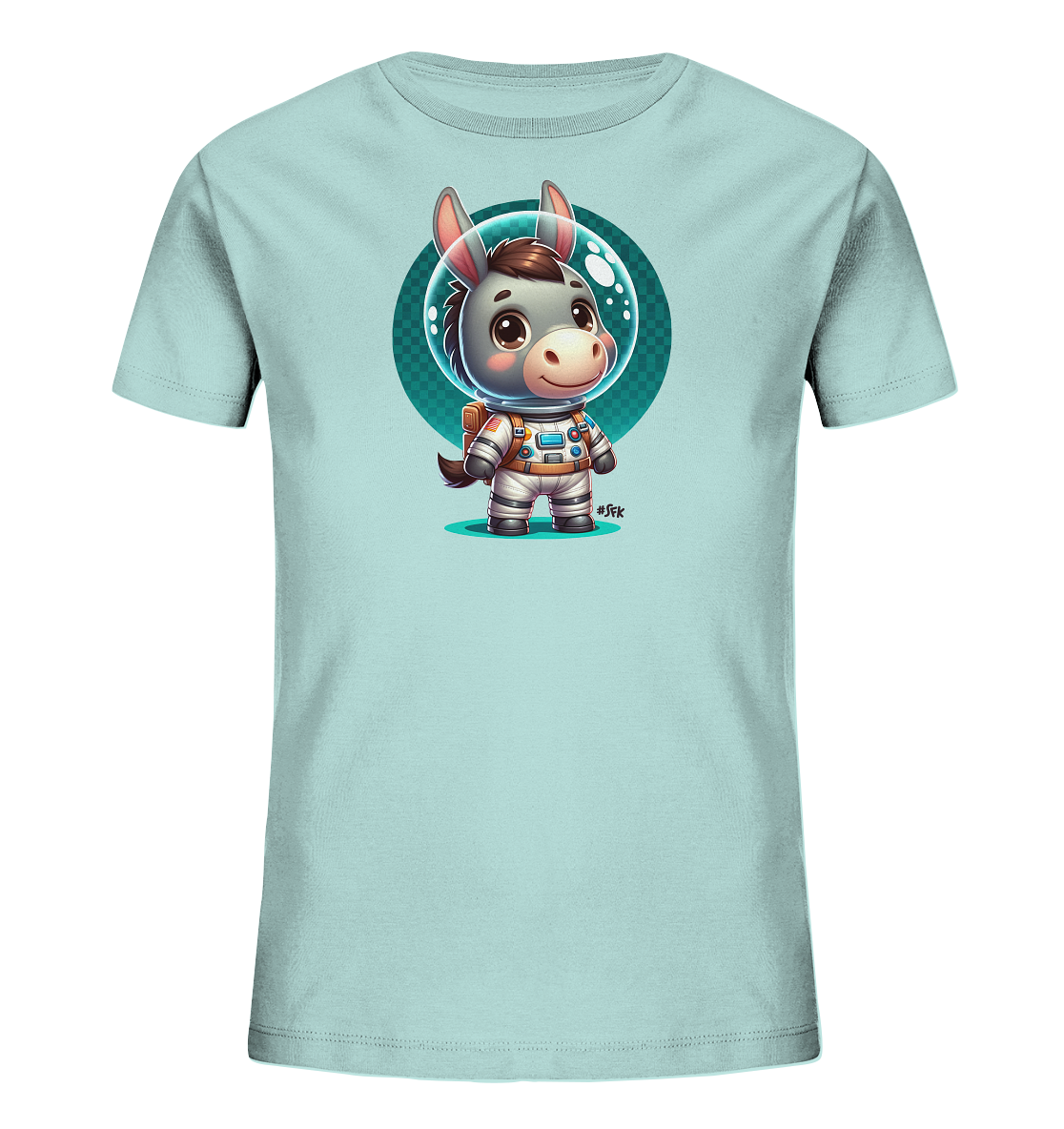 Onlineshop Shirts fuer Kinder - Dieses hellblaue T-Shirt zeigt eine bezaubernde Illustration eines Tieres im Raumanzug. Das Design praesentiert ein freundlich blickendes Wesen, das einem Esel aehnelt, komplett mit Astronautenkleidung und einer durchsichtigen Helmglocke. Eine runde Hintergrundgrafik ergaenzt das Bild und unterstreicht das Weltraum-Thema. Ideal fuer kleine Abenteurer und Entdecker.