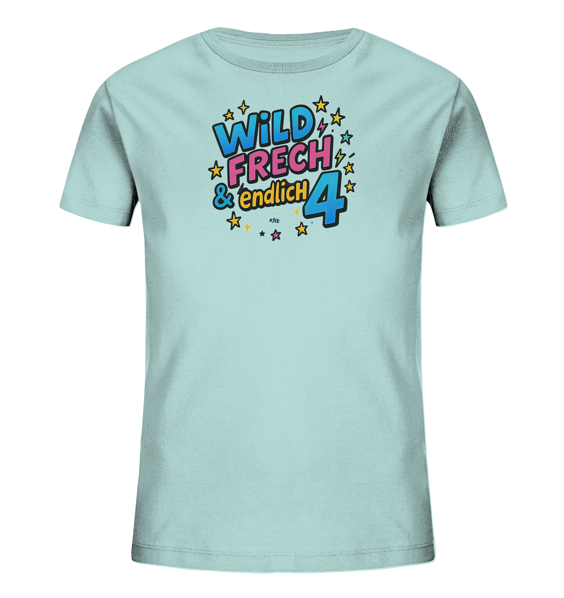 Onlineshop Shirts fuer Kinder - Das Bild zeigt ein hellblaues T-Shirt fuer Kinder. Es ist mit einem bunten Aufdruck verziert, der den Text "WILD FRECH & endlich 4" in Comic-Schrift darstellt. Sterne und Blitze ergaenzen das verspielte Design in leuchtenden Farben wie Blau, Pink und Gelb. Dieses Motiv feiert passend den vierten Geburtstag.