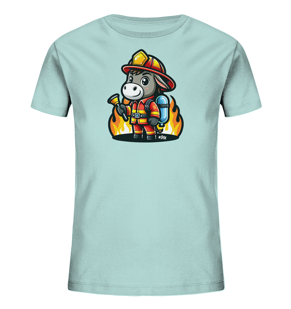 Kinder T-Shirt mit ein freundlicher Esel als Feuerwehrmann mit Helm, Anzug und Schlauch