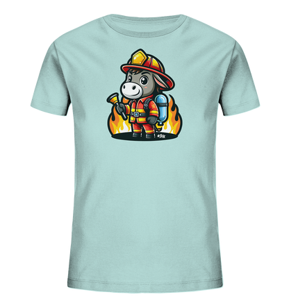 Kinder T-Shirt mit ein freundlicher Esel als Feuerwehrmann mit Helm, Anzug und Schlauch