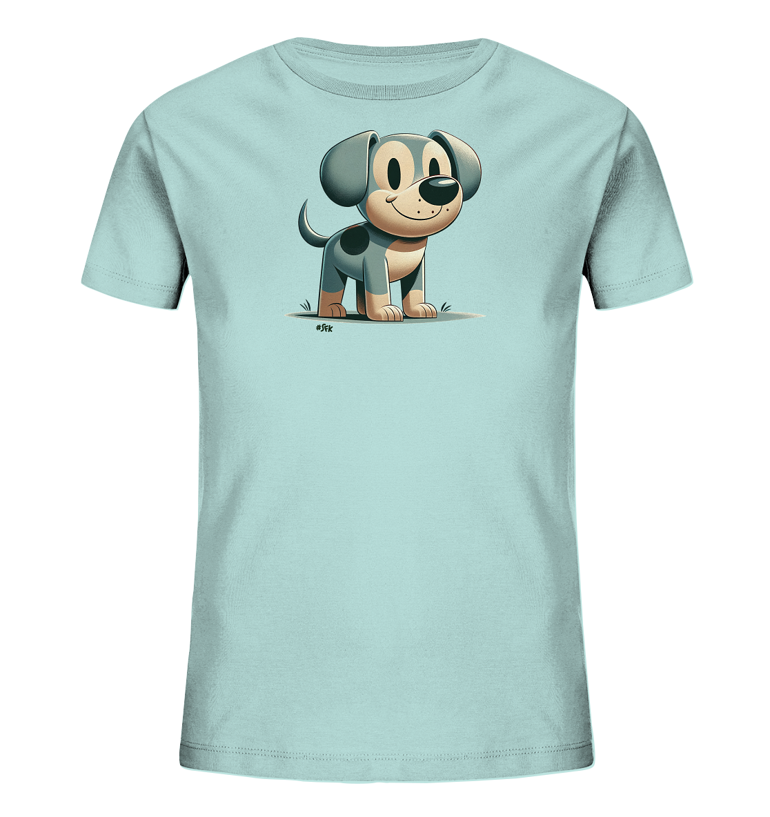 Onlineshop Shirts fuer Kinder - Dieses hellblaue T-Shirt fuer Kinder zeigt eine niedliche Illustration eines kleinen Hundes auf der Vorderseite. Der cartoonhafte Welpe ist grau mit dunklen Flecken, hat grosse Ohren und einen freundlichen Gesichtsausdruck. Er steht auf einer stilisierten Rasenflaeche. Das Design wirkt froehlich und verspielt, ideal fuer kleine Tierfreunde.