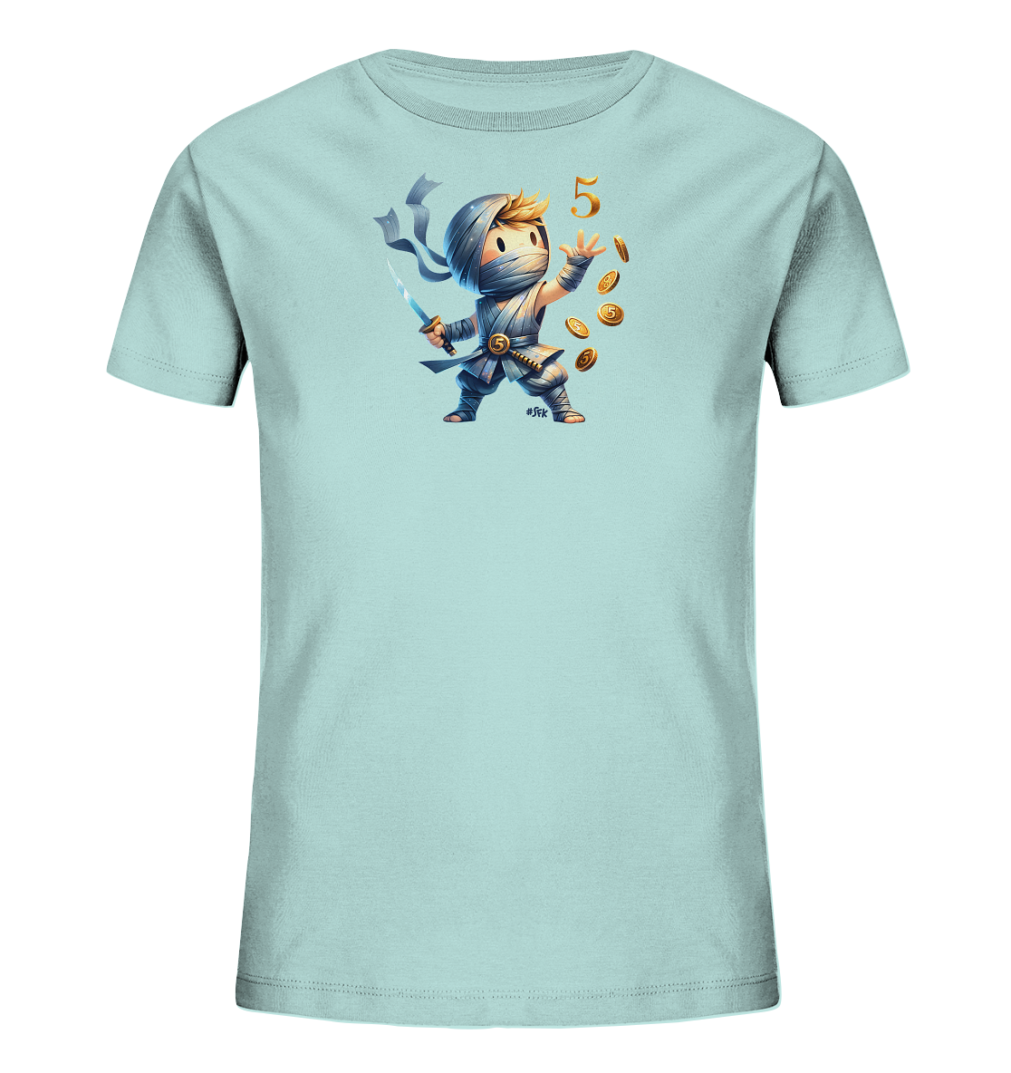 Onlineshop Shirts fuer Kinder - Das hellblaue T-Shirt zeigt einen stilisierten Ninja-Charakter. Der Charakter wirft goldene Muenzen in die Luft, ueber ihm ist die goldene Zahl '5' zu sehen.
