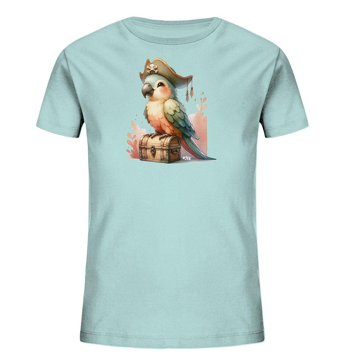 Onlineshop Shirts fuer Kinder - Das Bild zeigt ein Kinder-T-Shirt in hellem Blau. Der Aufdruck auf der Vorderseite stellt einen cartoonhaften Papagei dar. Der Papagei traegt einen Piratenhut mit Totenkopf und sitzt auf einer hoelzernen Schatztruhe. Im Hintergrund sind dezente, farbige Elemente in rosa und orange zu sehen.