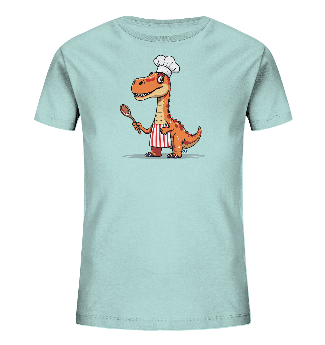 Onlineshop Shirts fuer Kinder - Das Bild zeigt ein hellblaues Kinder T-Shirt mit einem orangefarbenen Cartoon-Dinosaurier als Motiv. Der Dinosaurier traegt eine weisse Kochmuetze und eine rot-weiss gestreifte Schuerze. Er haelt einen Holzloeffel in einer Hand. Das Design wirkt froehlich und thematisiert das Kochen auf verspielte Weise.