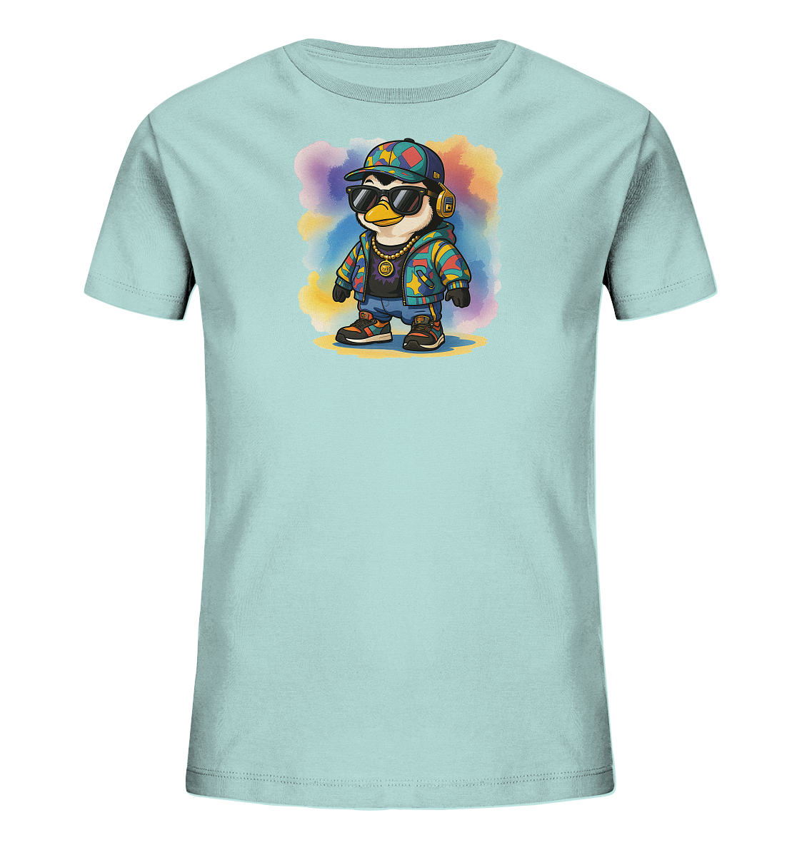 Kinder-T-Shirt mit coolem Pinguin im lässigen 90er Look.