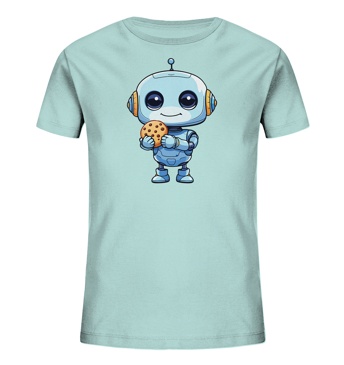 Onlineshop Shirts für Kinder - Das Bild zeigt ein hellblaues Kinder-T-Shirt mit einem zentralen Aufdruck eines cartoonartigen Roboters. Der Roboter ist in Blautönen dargestellt und hat orangefarbene Akzente an den Ohren und Gelenken. Er hält einen großen Schokoladenkeks in seinen Händen und hat ein freundliches Lächeln sowie große, runde Augen. Die Illustration ist klar und detailreich, was dem Shirt ein lustiges und ansprechendes Design für Kinder verleiht.